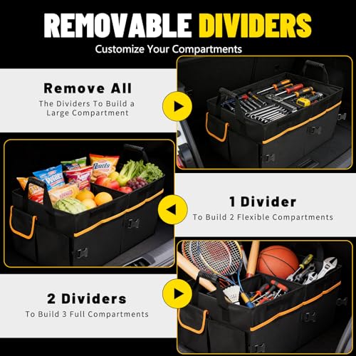 95L Car Trunk Organizer with 2 Tie-Down Straps&2 Removable Dividers|Foldable Cover,Multi-Compartment Collapsible Storage Box for SUV&Sedan&Truck|Non-Slip Bottom,3mm Durable PE Board Construction