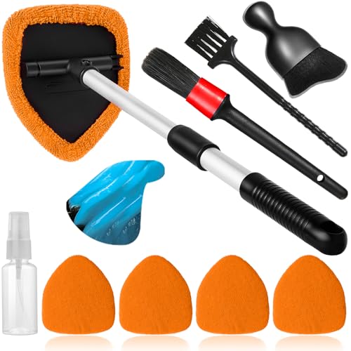 Qydipclin 10pcs Windshield Cleaner Tool, Car Window Cleaning Wash Kit with 4 Reusable Microfiber Pads 1 Spray Bottle and Extendable Handle Auto Glass Wiper Kit, Orange - color: Orange