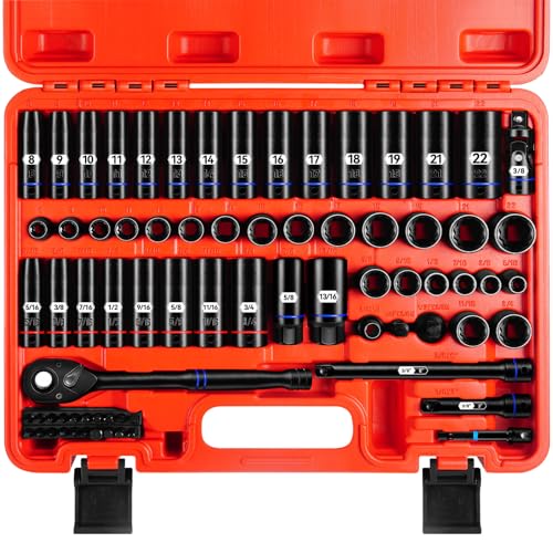 ZHAX 3/8 Inch Drive 12 Point Impact Socket Set, 74 PCS Standard SAE(5/16"- 3/4") & Metric(8-22mm) With Color Ring, Deep & Shallow, 72T Wrench Ratchet Tool Kit,Cr-V With Heavy Duty Storage Case - size: 3/8" drive 12 point
