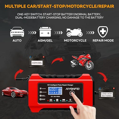 6A 12V Car Battery Charger Smart Maintainer Trickle Charger, Red | Smart Battery Desulfator, Temperature Compensation, for Car Truck Motorcycle, Lawn Mower Marine - color: Red