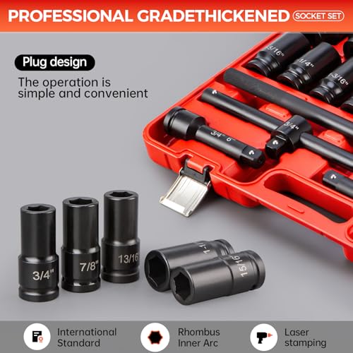 21PCS 3/4" Drive Impact Socket Set,6 Point Axle Nut Socket Set,SAE Sizes(3/4" to 2"),Cr-Mo Steel,Includes Adapter and Quick-Release Ratchet(24 Tooth) for Large Vehicle & Equipment Maintenance - size: 3/4" SAE 21pc