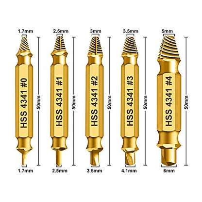 HSS 4341 Damaged Screw Extractor Set, 5-Piece Dual-Ended Drill Bit Kit, Sizes #0-#4, for Stripped, Broken, and Rusty Screws, Superb Gift for Men | High Speed Steel | Gold - style: 60326-G5
