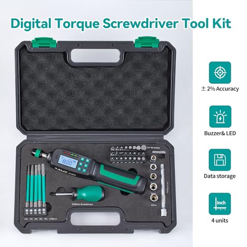 38-Piece Digital Torque Screwdriver Set (0.3-8 Nm) - 1/4" Quick-Release Hex Head, Buzzer/LED Overload Alerts - Screwdriver Kit for Bicycle Mechanic & Home Repair