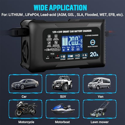 20Amp: 12/24V Smart Car Battery Charger – Automatic Maintainer, Trickle Charger & Desulfator with Overcharge Protection & Temperature Compensation – for Lead-Acid & Lithium & LiFePO4 Batteries - color: Black
