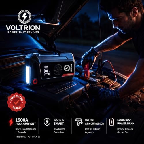 Jump Starter with Air Compressor, 1500A Car Battery Booster 150PSI | 150PSI auto-stop tire inflator, 12000mAh power bank & LED light. Starts 12V gas & diesel, compact cars to semi-trucks