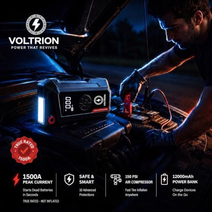 Jump Starter with Air Compressor, 1500A Car Battery Booster 150PSI | 150PSI auto-stop tire inflator, 12000mAh power bank & LED light. Starts 12V gas & diesel, compact cars to semi-trucks