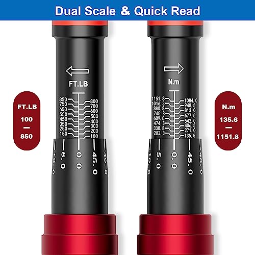 SUERCUP 3/4-inch Drive Click Torque Wrench, 100-850ft.lb/135.5-1151.8Nm | ±3% Accuracy, Heavy Duty Torque Wrench, Professional, Dual Direction Adjustable, 48-Tooth, for Truck & Tractor Maintenance - size: 3/4" 100-850Ft.Lb/135.5-1151.8N.m
