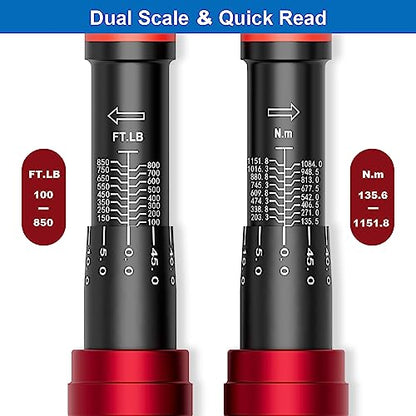 SUERCUP 3/4-inch Drive Click Torque Wrench, 100-850ft.lb/135.5-1151.8Nm | ±3% Accuracy, Heavy Duty Torque Wrench, Professional, Dual Direction Adjustable, 48-Tooth, for Truck & Tractor Maintenance - size: 3/4" 100-850Ft.Lb/135.5-1151.8N.m