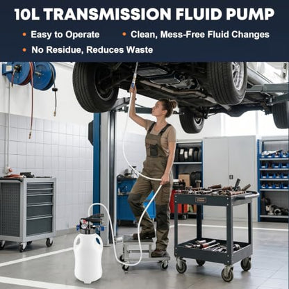 10L Transmission Fluid Pump 2 Way ATF Refill Dispenser, Pneumatic Oil Fluid Extractor & Transfer Pump with 15 Pieces ATF Adapters, Pressure Gauge & 4 Hoses for Automotive Oil Change