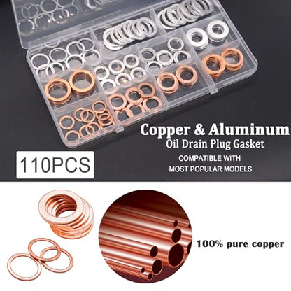 110PCS Crush Washer Oil Drain Plug Gasket Assortment,50PCS 5 Sizes Copper and 60PCS 6 Sizes Aluminum Oil Plug Washers Automotive Engine Crush Washers (M10 M12 M14 M16 M18) - size: 110PCS (M10-M18)