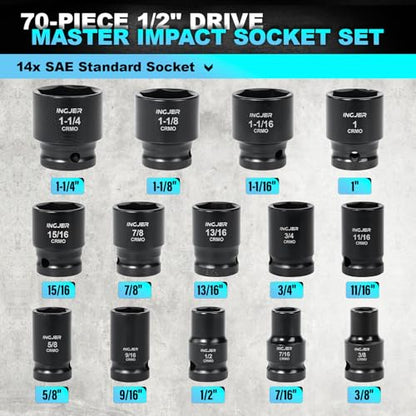 1/2" Drive Impact Socket Set, 70 Piece SAE 3/8" to 1-1/4" and Metric 10-24mm, 6 Point Cr-MO Alloy Steel for Auto Repair, Easy-to-Read Size Markings, Rugged Construction, Storage Case - size: 1/2inch 70PCS SET