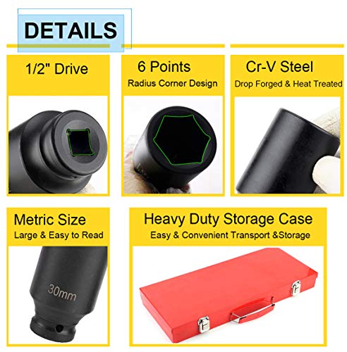 35pcs 1/2" Drive Deep Impact Socket Set Axle Hub Nut 6-Point Metric 8-32mm CR-V Steel Heavy Duty Sockets Tool Set for Vehicle Repair Maintainance - style: 08175#