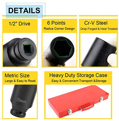 35pcs 1/2" Drive Deep Impact Socket Set Axle Hub Nut 6-Point Metric 8-32mm CR-V Steel Heavy Duty Sockets Tool Set for Vehicle Repair Maintainance - style: 08175#
