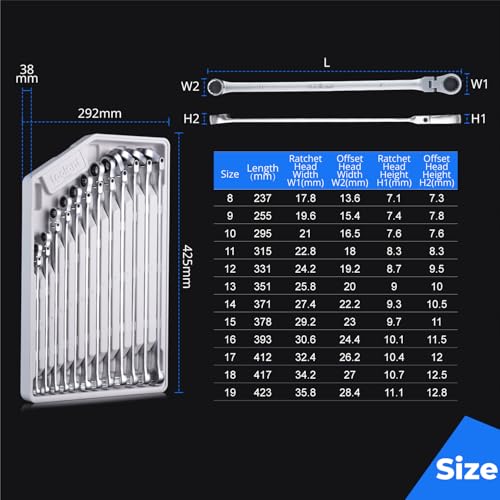 toolant 12PCS Extra Long Ratcheting Wrench Set, Gift for Men, Flex Head & Fixed Offset Head Double Box End Combination Wrench Set, CR-V Steel, Metric 8-19mm, with Storage Tray - size: 12 PCS (8-19 mm)