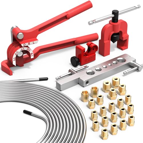 26PCS 3/16" Brake Line Kit, 25FT Zinc-Plated Brake Lines for Auto Repair | 25FT Lines+16 Brass Fittings+2 Unions+4 Nuts+Brake Line Bender+Single Flaring Tool+Cutter for Car Truck SUV Brake Systems