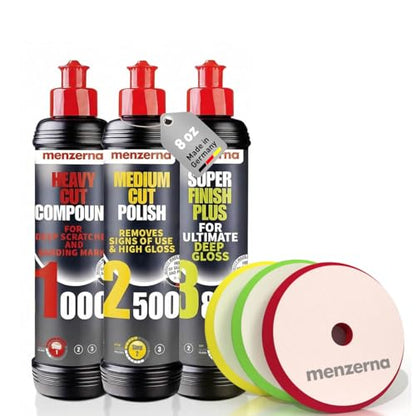 Menzerna Polishing Set 8oz – HCC1000, MCC2500 & SFP3800 | 3-Step System incl. 3 Matching 6-inch Pads for Scratch Removal, Swirl Elimination & Mirror-Like Finish - color: Polishing Set 8oz + Pad