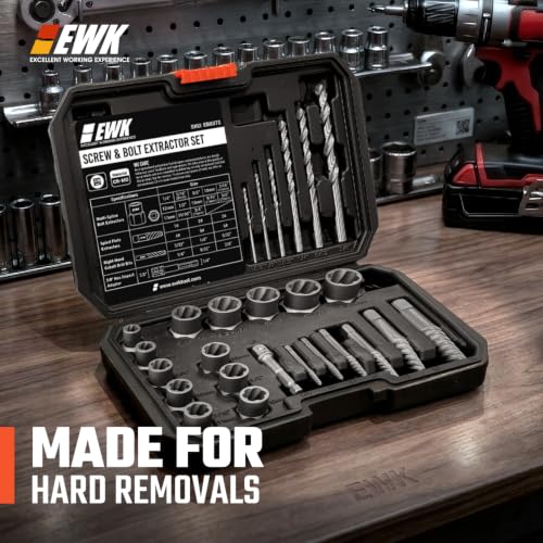 EWK 26-Piece Screw and Bolt Extractor Set, Spiral Screw Extractors, Twist Drill Bits, and Bolt Extractor Sockets for Stripped Screws, Broken Bolts, Rusted Fasteners, and Damaged Hex Heads - style: 26 Pcs Screw Extractor & Drill Bit Sets