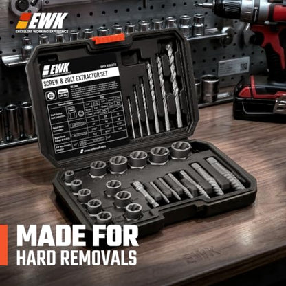 EWK 26-Piece Screw and Bolt Extractor Set, Spiral Screw Extractors, Twist Drill Bits, and Bolt Extractor Sockets for Stripped Screws, Broken Bolts, Rusted Fasteners, and Damaged Hex Heads - style: 26 Pcs Screw Extractor & Drill Bit Sets