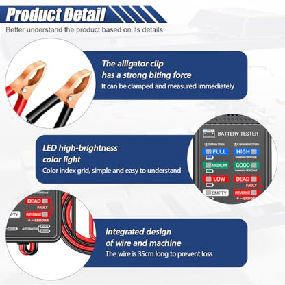 12V Car Battery Tester, Car Alternator Charging System Analyzer | Car Voltmeter Analyzer with LCD Screen & Indication, Fast Response Digital Battery Load Monitor Indicator for Vehicles