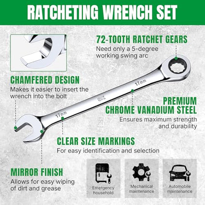 SK Ratcheting Wrench Set, Combination Wrench Set, 12-Piece, Metric 8 to 19mm, 72-Tooth, Premium CR-V Construction, with Rack Organizer - size: Metric