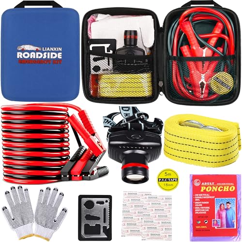 Car Roadside Emergency Kit with Jumper Cables Headlamp Car Safety Kits | Emergency Car Kit Tow Straps, Multi-function Blades, Gloves, Multi-tool Kit, Breakdowns Gifts for New Drivers and Teenagers - color: Blue