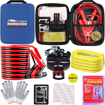 Car Roadside Emergency Kit with Jumper Cables Headlamp Car Safety Kits | Emergency Car Kit Tow Straps, Multi-function Blades, Gloves, Multi-tool Kit, Breakdowns Gifts for New Drivers and Teenagers - color: Blue