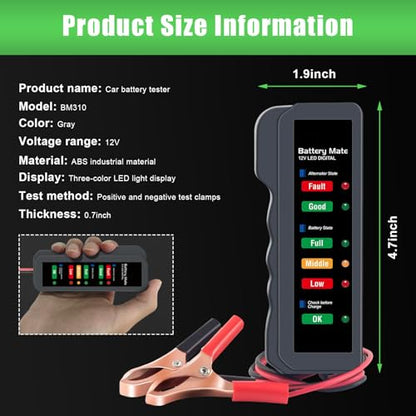 12V Car Battery Tester, Automotive Digital Battery Alternator Tester with LED Indication, Detector Checker to Test Battery Condition & Alternator Charging, Car Accessories