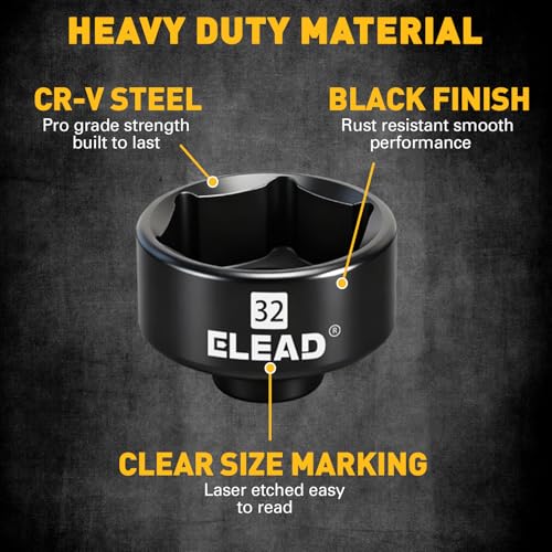ELEAD 32 mm Oil Filter Socket Wrench, 3/8'' Drive 6-Point Oil-Filter Removal Tool, Metric Oil Filter Wrenches, Low Profile Design for Easy Removal, Chrome Vanadium Steel Oil-Change Tool - style: 32mm