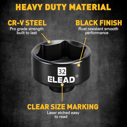 ELEAD 32 mm Oil Filter Socket Wrench, 3/8'' Drive 6-Point Oil-Filter Removal Tool, Metric Oil Filter Wrenches, Low Profile Design for Easy Removal, Chrome Vanadium Steel Oil-Change Tool - style: 32mm