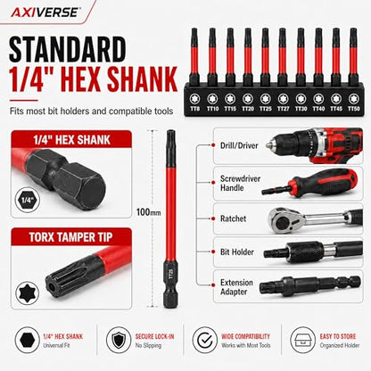 10PCS Security Torx Bit Set TT6-TT40, 4-Inch for Impact Drivers | TT6-TT40 Tamper-Resistant Star Bits, 4 in Long, Magnetic Tips, 1/4 in Hex Shank, Impact-Ready Alloy Steel, Clear Case - size: 4 in