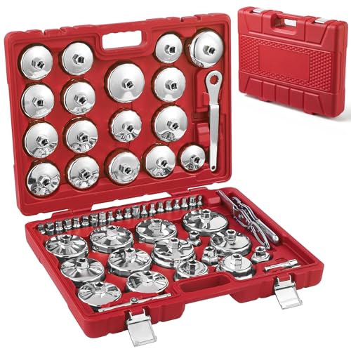 58PCS Oil Filter Wrench Set Stainless Steel 1/2" Drive Cup Remover Tool | Auto Oil Filter Cap Wrench with Drain Plug Sockets, Red, Universal for Car & SUV(Red) - color: Red