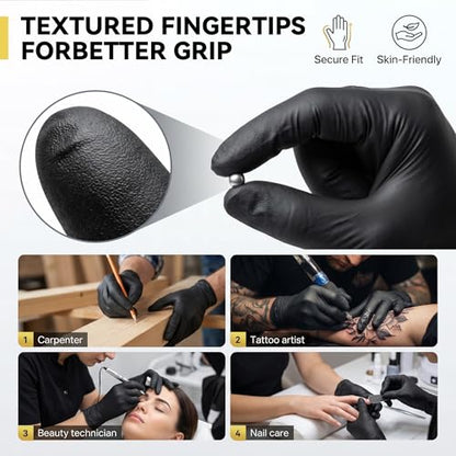5 Mil Black Nitrile Gloves Disposable Latex Free, Textured Grip Food Safe, Professional for Cooking, Tattoo, Cleaning - size: Large