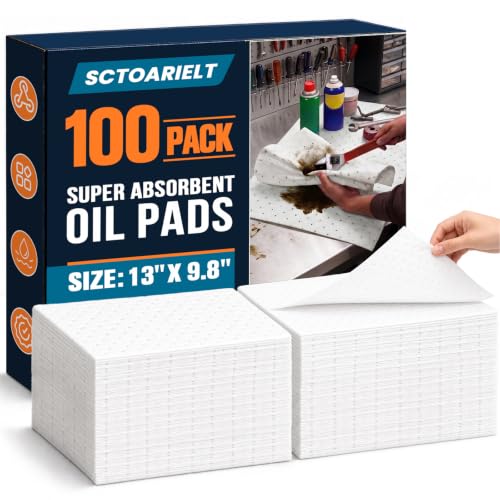 100 Pcs Oil Absorbent Pads, 9.8" x 13" Heavy Dimpled Garage Absorbing Mat | (White) Polypropylene Oil Spill Mat, Use in Home Garage, Workshop, Basement, Workbench Use in Spill Control - color: White, size: 100 Pack / 9.8"x13"