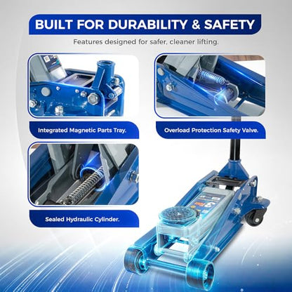 Hantec Floor Jack 3-Ton (6,600 lbs) Low Profile Hydraulic Trolley Jack HGP96 – Rapid Lift Pump, Max Height 17.7", Built-in Safety Valve & 360° Swivel Saddle for Cars, SUVs and Trucks