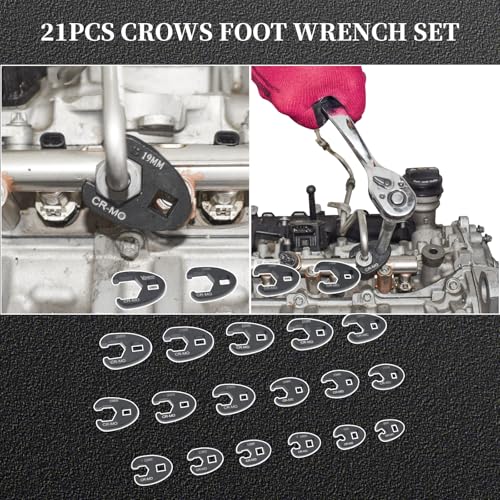 21Pcs Crows Foot Wrench Set 1/2" and 3/8" Drive Flare Nut Crowfoot Set | Metric 8-32mm 6 Point Crows Feet Wrenches, Flare Nut Wrench Kit for Removing Nuts from Hard-to-Reach Areas