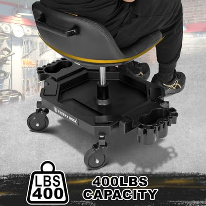 Rolling Stool with Wheels, Adjustable Height Pneumatic Garage Work Mechanic Stool Seat with Backrest, 400 LBS Capacity 360° Swivel Mechanic Crepper Chair with Tool Tray Storage, Yellow - color: Yellow