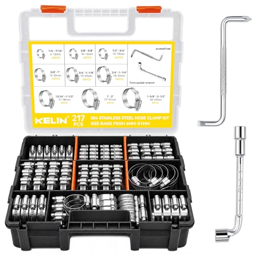 KELIN 217PCS 304 Stainless Steel Hose Clamp Kit, 9 Sizes from 1/4" to 2-1/2" (6-63mm) Adjustable Worm Gear Clamps with Socket Wrench& Screwdriver, Automotive Fuel Line Water Pipe Clamps Assortment Set - size: 217PCS
