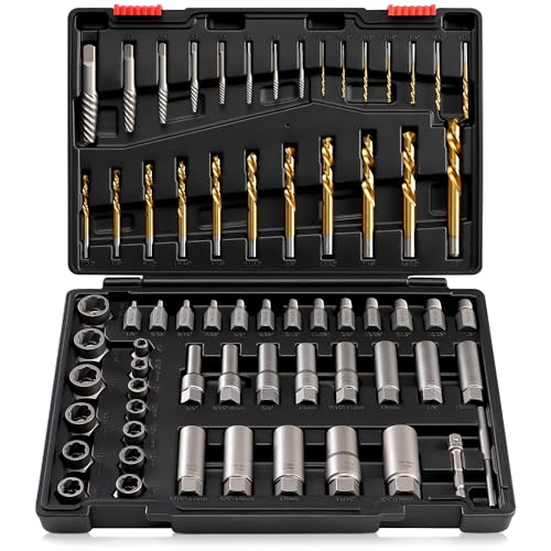 Kolvoii 67-Piece Broken Bolt Extractor Kit & Easy Out Screw Extractor Set | Left hand drill bit set, extractor sockets and lug nut remover set tackle stripped bolts, broken screws and rounded nuts - size: 67 PCS