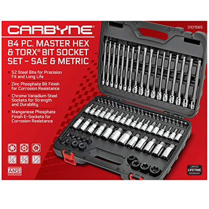 CARBYNE 84-Piece Master Hex & Torx Bit Socket Set & External-Torx Socket Set | S2 Steel Bits, CrV Steel Sockets, Corrosion Resistance, Durable Case | 1/4", 3/8" & 1/2" Dr.