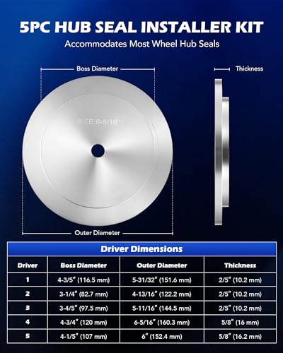 Orion Motor Tech Truck Hub Seal Installer Kit, 9pcs Heavy Duty Seal Drivers Compatible with Class 7 8 Trucks, 4-13/16" to 6-5/16" Large Race and Seal Drivers for Truck Hub Seal Removal Installation - size: 4-13/16 to 6-5/16 in.