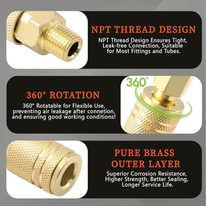 48PCS 1/4" Air Coupler Plugs & Male Female Air Hose Fittings Kit, NPT Thread Air Compressor Fitting with 1Pcs 360 Degree 1/4 Inch Quick Connect Air Line Fitting for Industrial