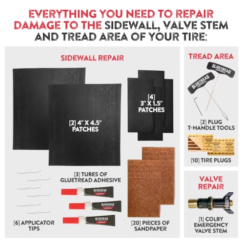 GlueTread Complete Off-Road Tire Repair Kit - Fix Sidewall Damage and Punctures - Includes Heavy Duty Tire Patch Kit, Plugs & Colby Emergency Valve Stem - Enhanced Rubber Formula, Fast Setting