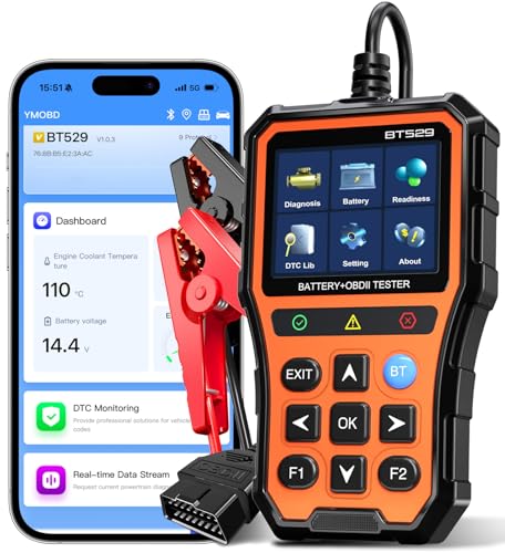 BT529 Bluetooth OBD2 Scanner & Car Battery Tester,2-in-1 Car Diagnostic Tool for iPhone & Android, Check Engine Code Reader,Performance Test, Trip Analysis, 12V Battery Analyzer for All 1996+ Vehicles