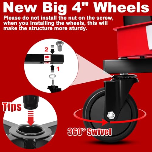 Rolling Shop Stool with Wheels, Adjustable Garage Mechanic Stool Seat Shop Roller Work Chair Mobile Rolling Seat with Tool Tray, 2 Cup Holders, 4" Casters, 350 LBS, Heavy-Duty, Red - color: Red