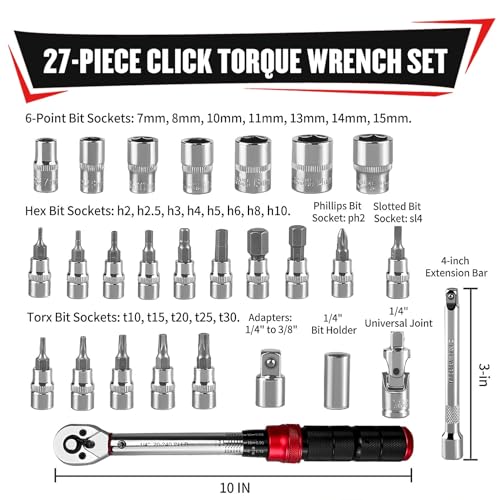 YIYITOOLS 27Pcs 1/4 Inch Drive Click Torque Wrench Set, Bike Maintenance Kit with Bit Sockets, Adapter, Universal Joint & Extension Bar, 2.3-27.1NM (20-240IN.LB) ±3% Precision