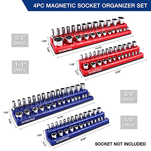 WORKPRO Magnetic Socket Organizer Set, 4-Piece Socket Holder Set Includes 1/4", 3/8" Drive Metric & SAE Socket Trays, Holds 108 Pieces Standard and Deep Size Sockets (Sockets not Included) | 1/4", 3/8", Drive Socket Trays, Holds 108-Piece Sockets, Suitabl