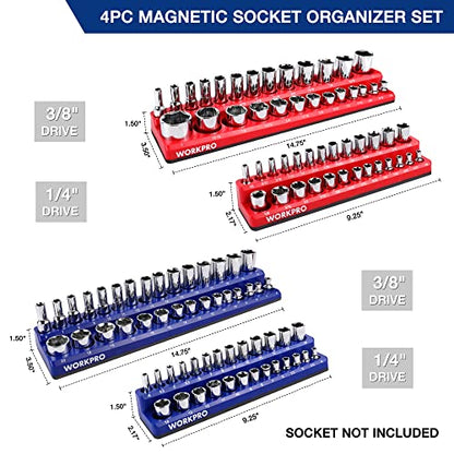 WORKPRO Magnetic Socket Organizer Set, 4-Piece Socket Holder Set Includes 1/4", 3/8" Drive Metric & SAE Socket Trays, Holds 108 Pieces Standard and Deep Size Sockets (Sockets not Included) | 1/4", 3/8", Drive Socket Trays, Holds 108-Piece Sockets, Suitabl