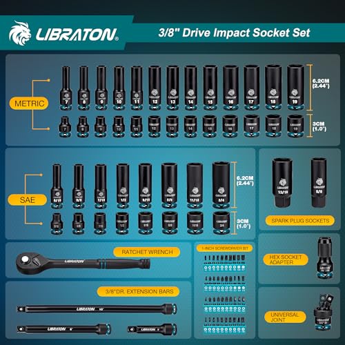 LIBRATON 3/8 Socket Set 90PCS, SAE(5/16-3/4") & Metric(7-19MM) Impact Socket Set, Cr-V Impact Driver Socket, Deep&Shallow, Extension Bars, Ratchet Handle, Screwdriver Bits, Spark Plug Sockets, Adapter