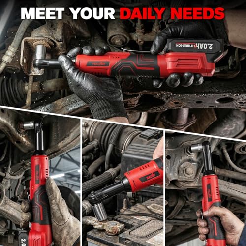 3/8" Electric Ratchet Wrench Cordless 21V, 55 Ft-lbs Brushless Ratchet Wrenches with Extension Bar, Adapter, 7 Sockets, LED Light, 70 N.M High Torque Ratchet Tool Set with 2 Batteries & Charger