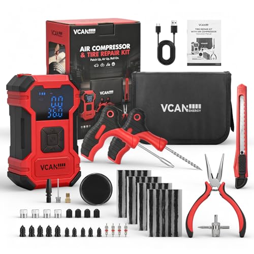 Flat Tire Repair Kit with Air Compressor, 150PSI Portable Air Pump with Auto-Stop & LED, Heavy Duty Tire Plug Kit for Car, SUV, Truck, Jeep, Motorcycle, Roadside Emergency Assistance（Red) - color: Red